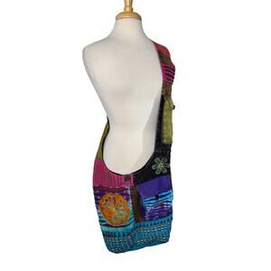 Boho Hippie Crossbody Tote Bag Multicolor Cotton Zipper Nepal Embroidered